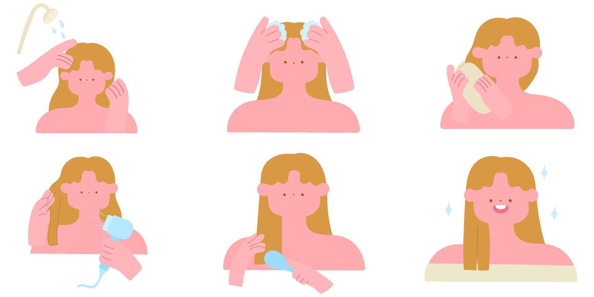 set of woman washing hair, towel drying, blow drying, brushing and smiling after haircare routine vector