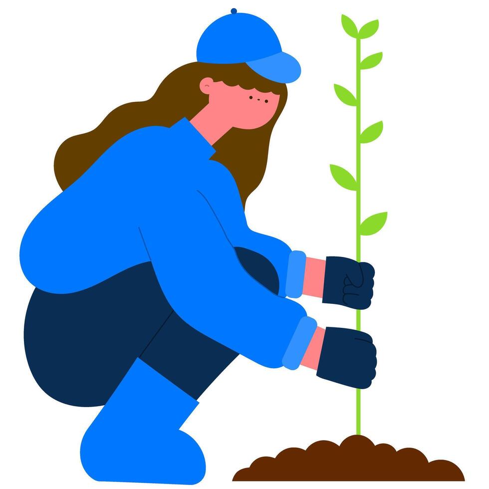 mujer plantando un árbol, ambiental cuidado y sustentabilidad plano ilustración vector