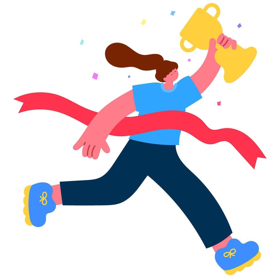 woman holding a trophy running to the finish line with a ribbon, symbolizing achievement and reaching goals flat illustration vector