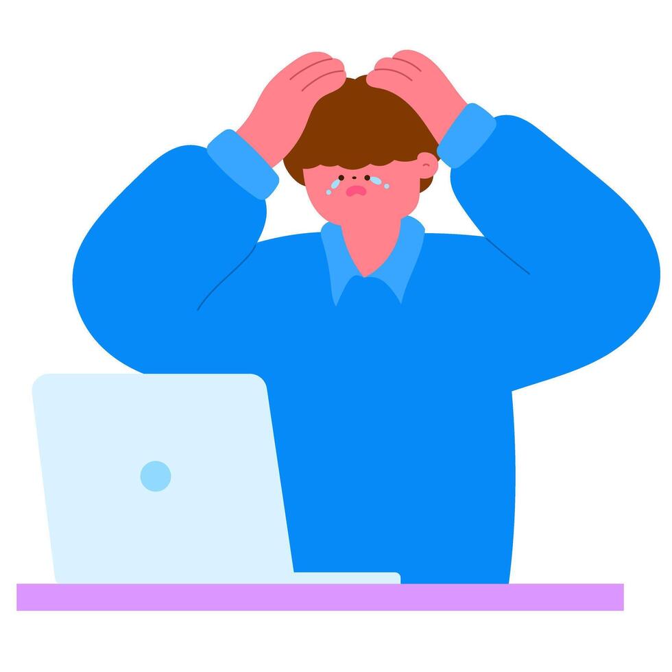stressed man sitting at his desk with hands on temples, workplace anxiety flat illustration vector