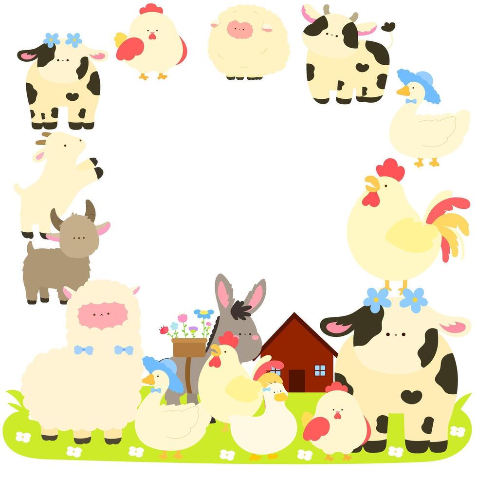 cute farm animals frame with cows, chickens, sheep, white call duck, goat, alpaca, goose, and donkey flat illustration vector
