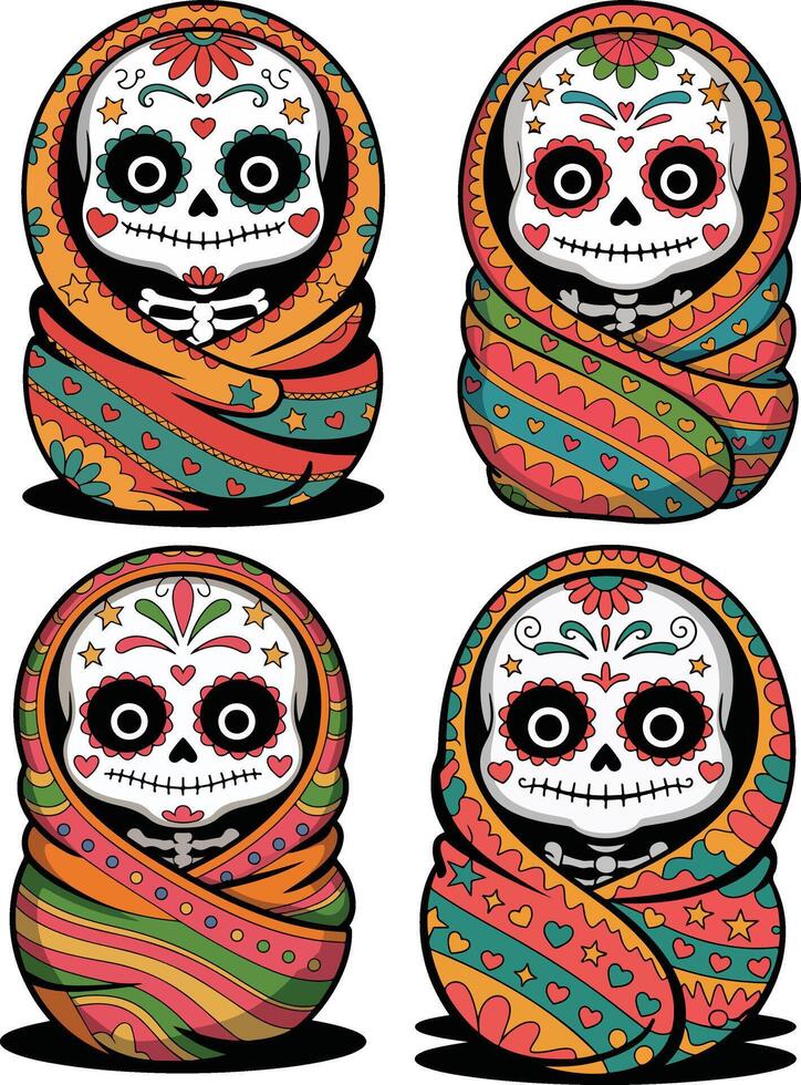 Four sugar skull babies wrapped in blankets isolated on white background vector