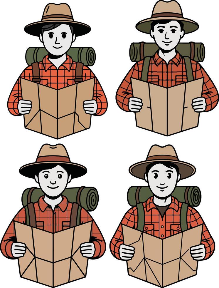 Four hikers with backpacks reading maps isolated on white background vector