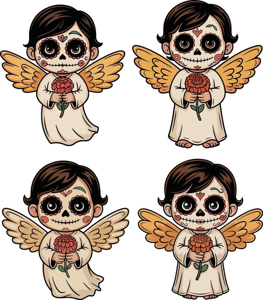 Four day of the dead angel characters isolated on white background vector