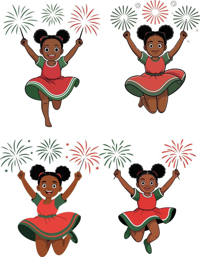 Four dancing girls with fireworks isolated on white background vector