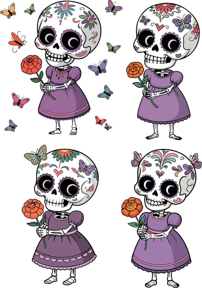 Four day of the dead skulls with flowers isolated on white background vector