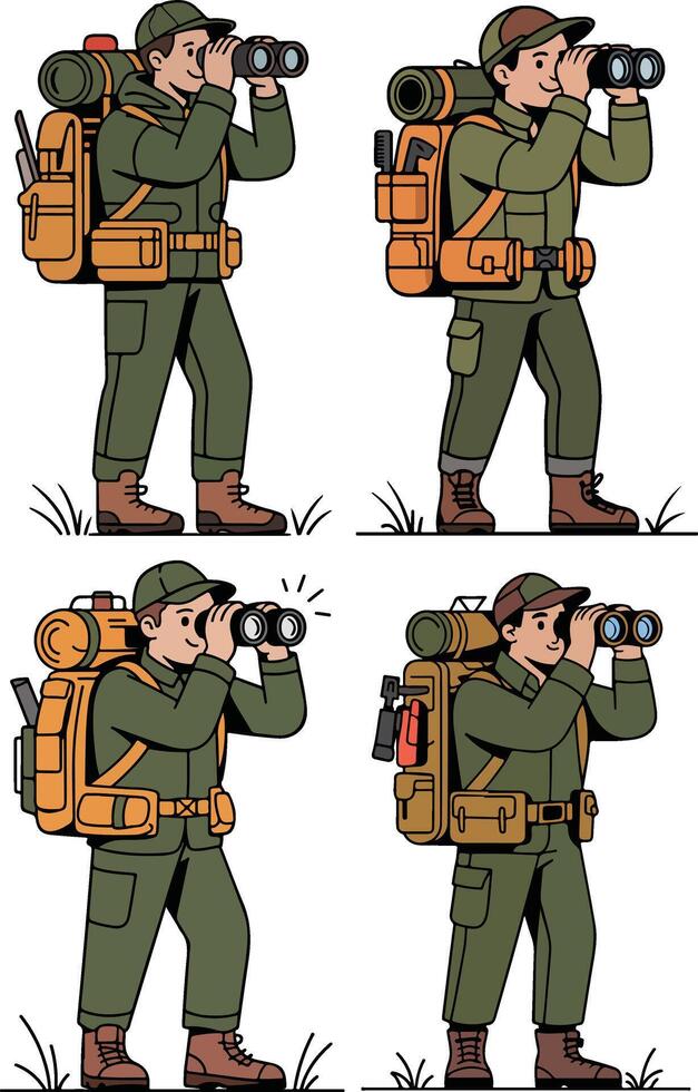 Four hikers with backpacks looking through binoculars isolated on white background vector