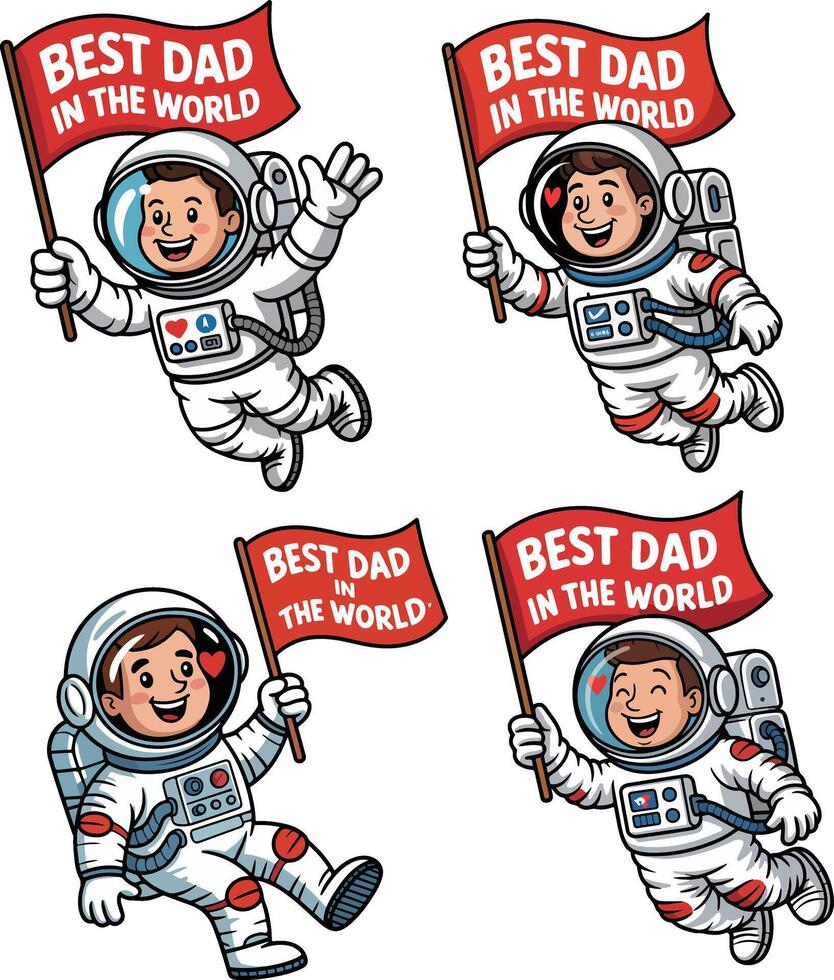 Four astronauts holding best dad flags isolated on white background vector