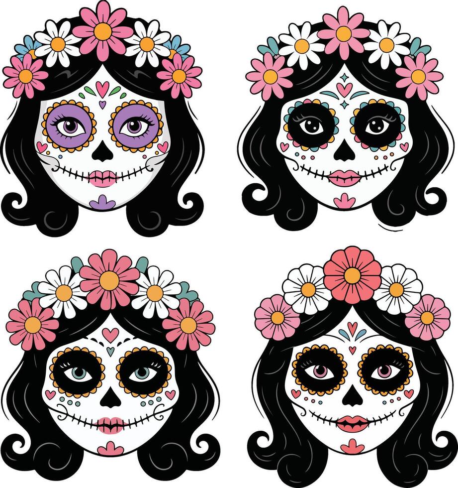 Four sugar skull faces with flower crowns isolated on white background vector