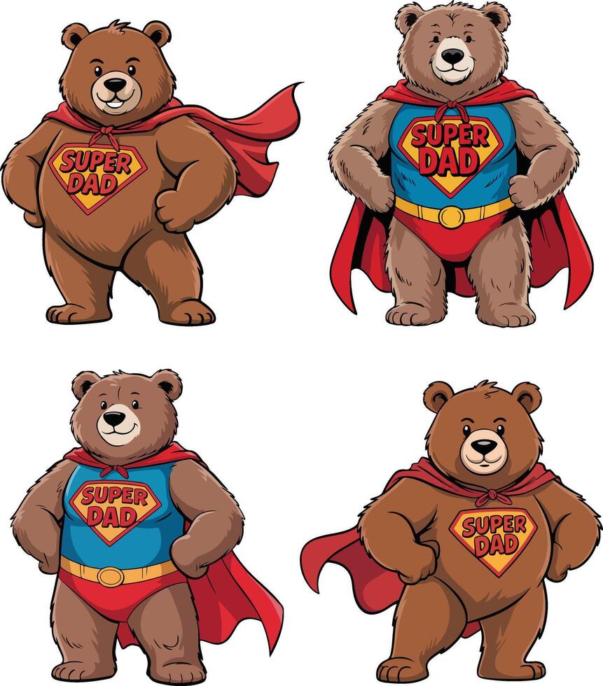 Four cartoon super bear characters posed on white background isolated on white background vector