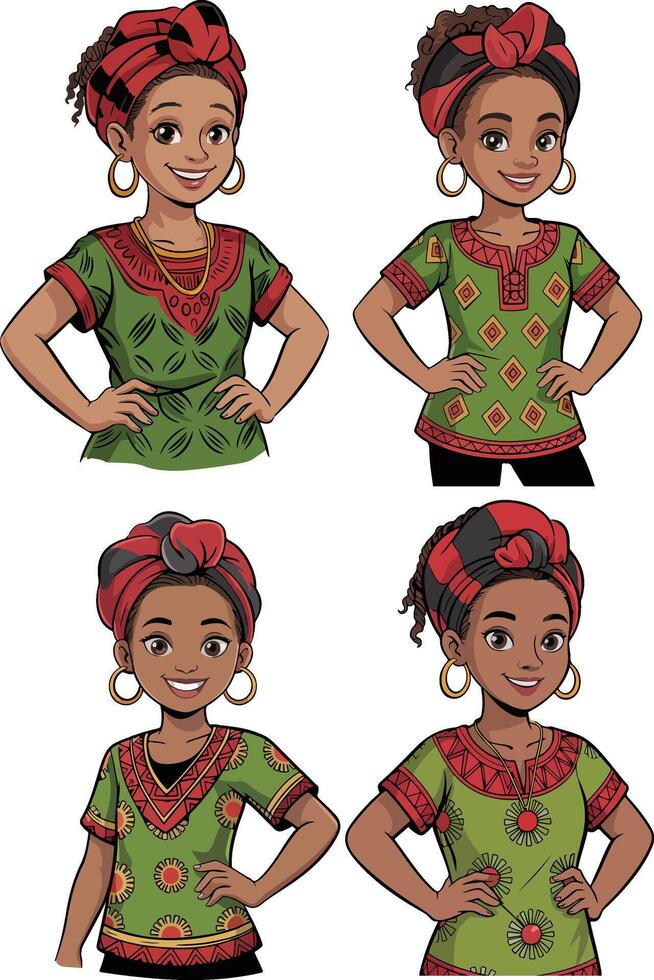 Four cartoon girls wearing traditional african attire isolated on white background vector