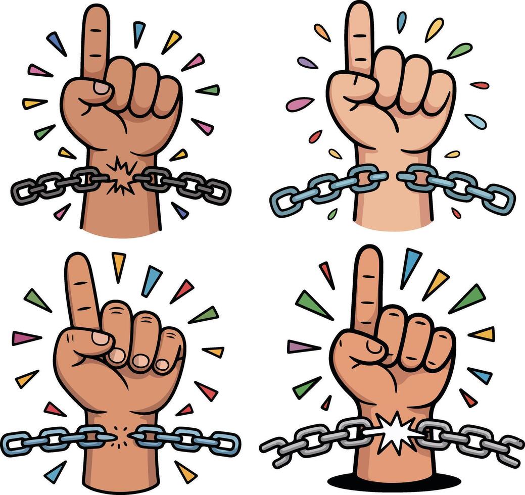 Four hands breaking chains pointing up isolated on white background vector