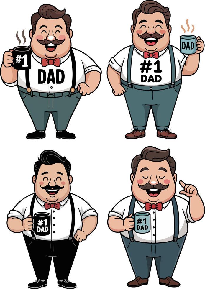 father's day illustration set of cartoon dad with mustache and beard vector