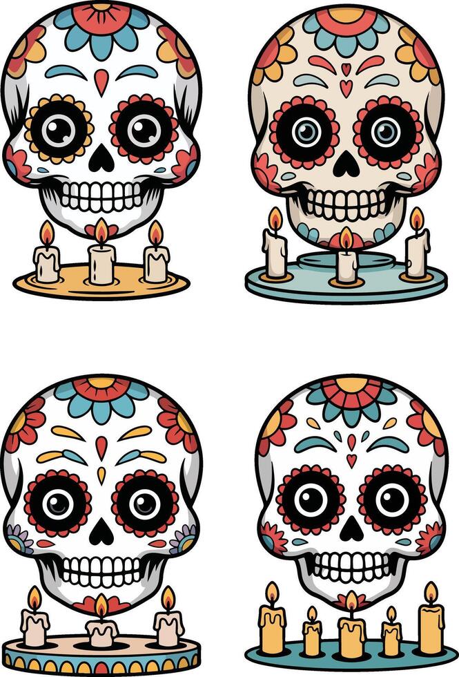 Four colorful sugar skulls with candles isolated on white background vector