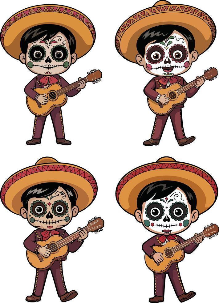 Four skeleton musicians playing guitars isolated IN white background vector