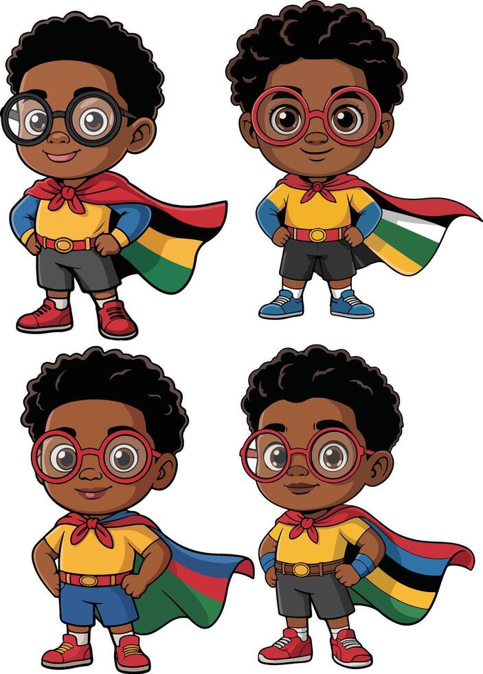 Four black boy superheroes with glasses isolated on white background vector