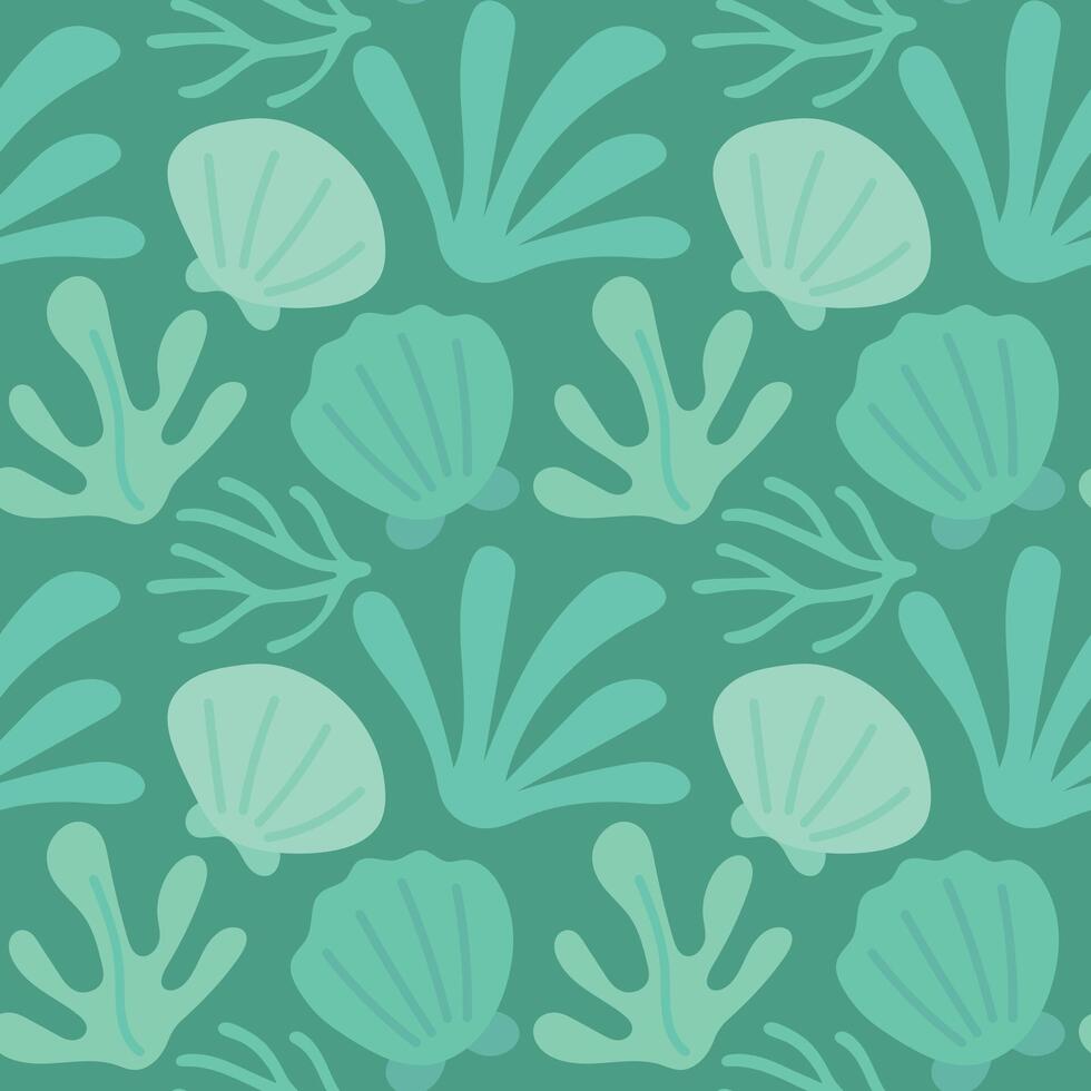 Flat seaweed and shell graphics in calming green hues form a seamless oceanic pattern for tropical surface design, natural textiles, and undersea artwork vector