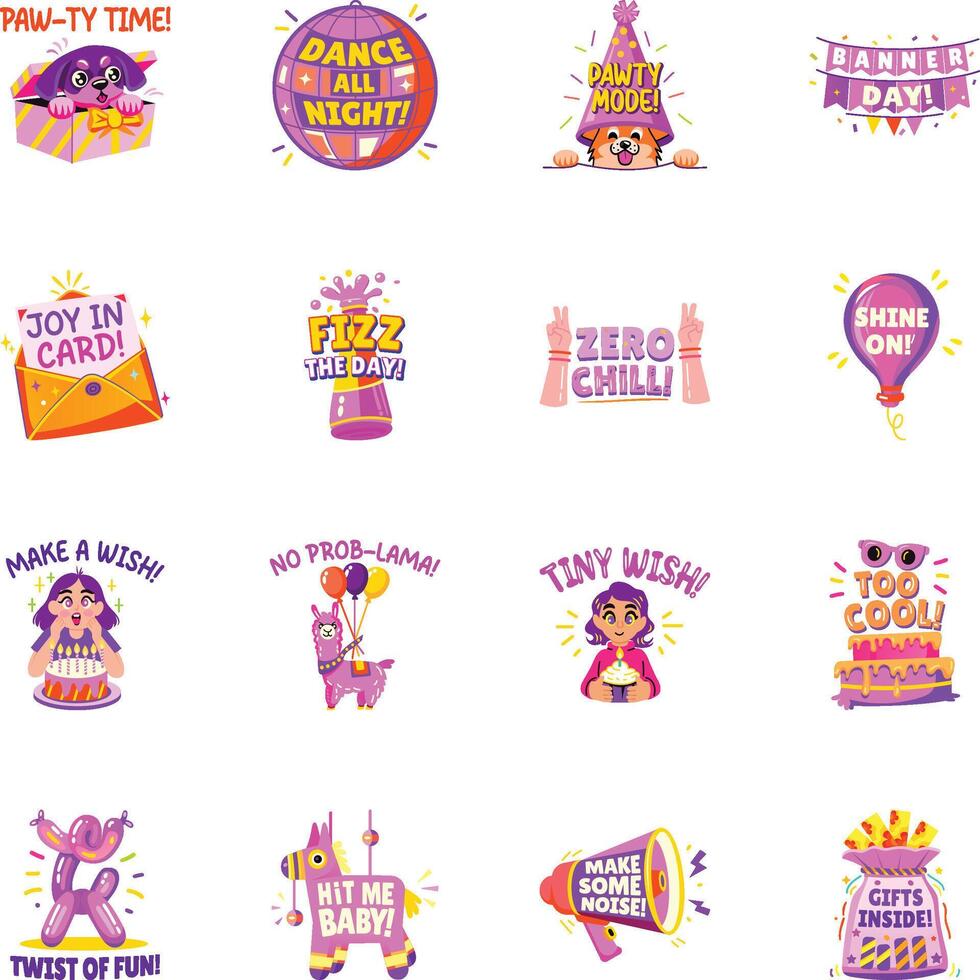 Pack of Birthday Fun Flat Style Stickers vector