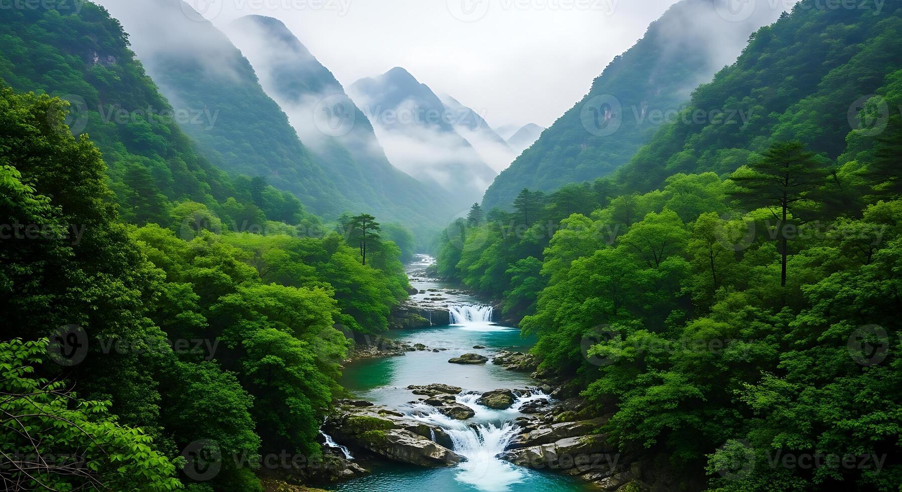 Misty mountain valley river with lush green forest photo