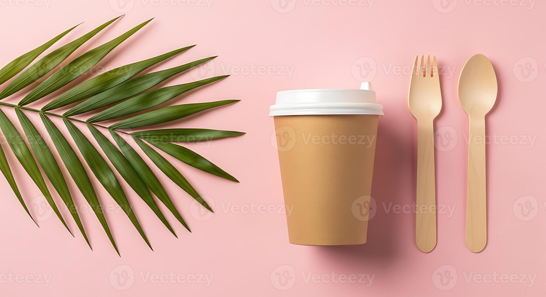 Eco friendly disposable coffee cup and cutlery with palm leaf photo