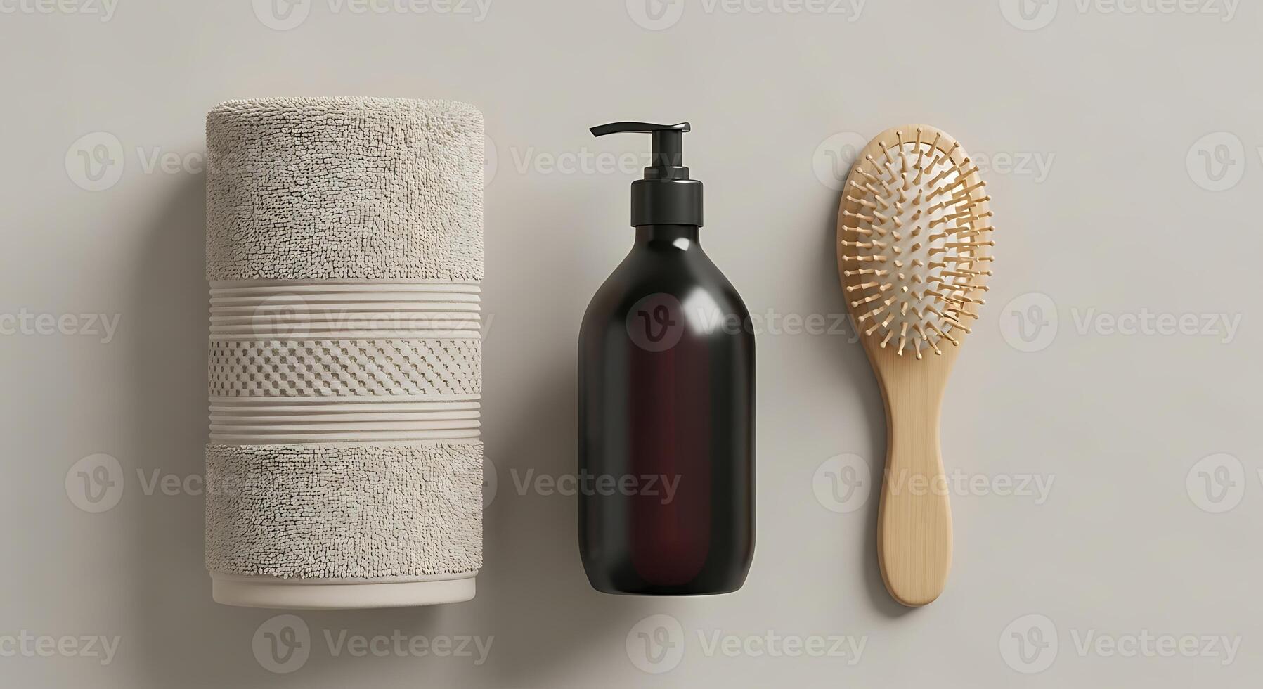 Minimalist bathroom essentials towel soap dispenser and brush photo