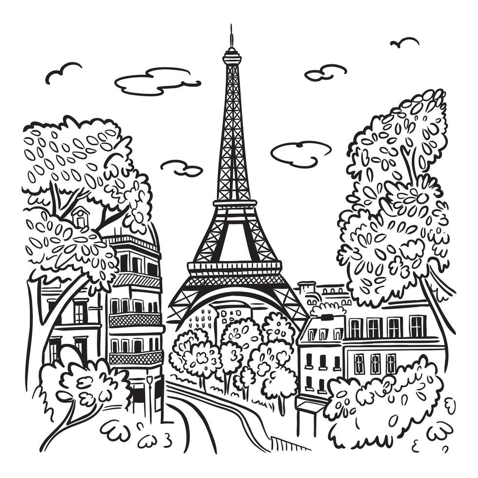 The Eiffel Tower in Paris with the city in the background. Landmark of Paris. Doodle linear illustration. Doodle style vector