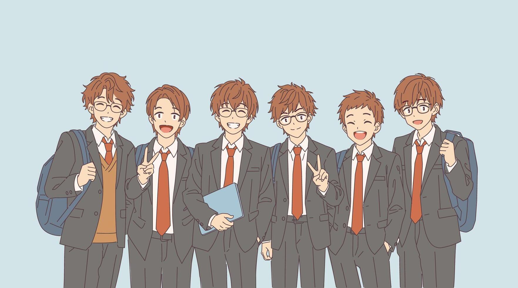 Illustration of smiling anime students in school uniforms. Vibrant and positive mood. Standing against a light blue background. Represents teamwork and friendship. vector