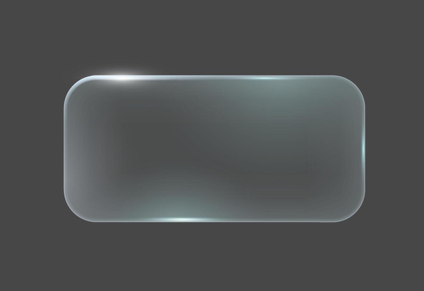 Glossy rectangular glass button with rounded corners on dark background. Sleek, minimalist design with subtle reflections, suitable for modern interfaces and tech designs. vector
