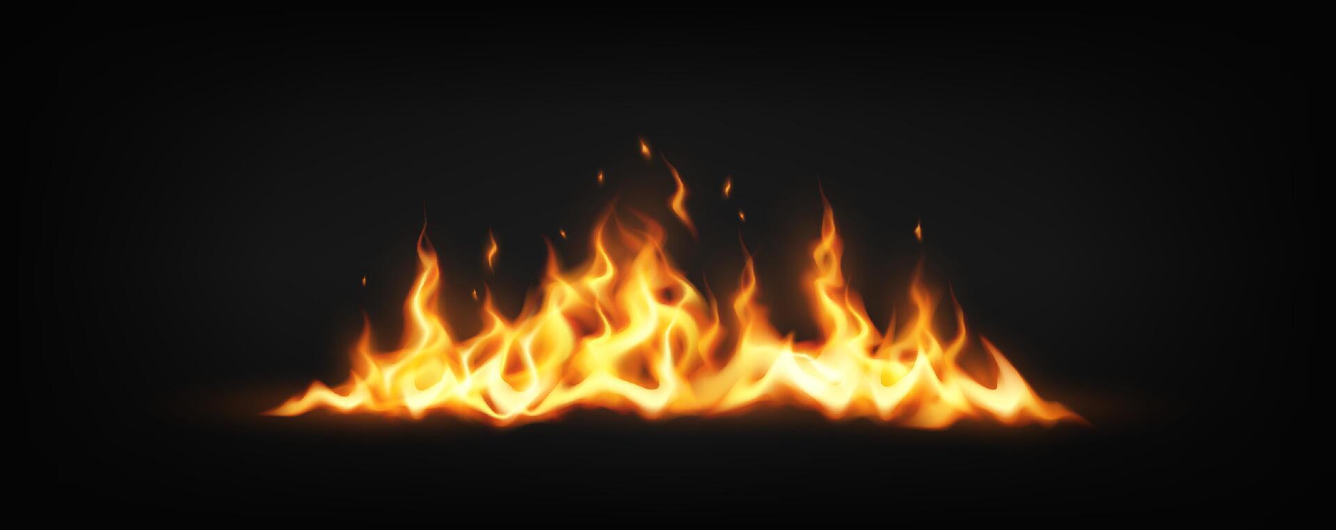 Vivid realistic orange and yellow flames on a black background. This fiery depiction captures the intensity and movement of fire, ideal for themed designs. vector