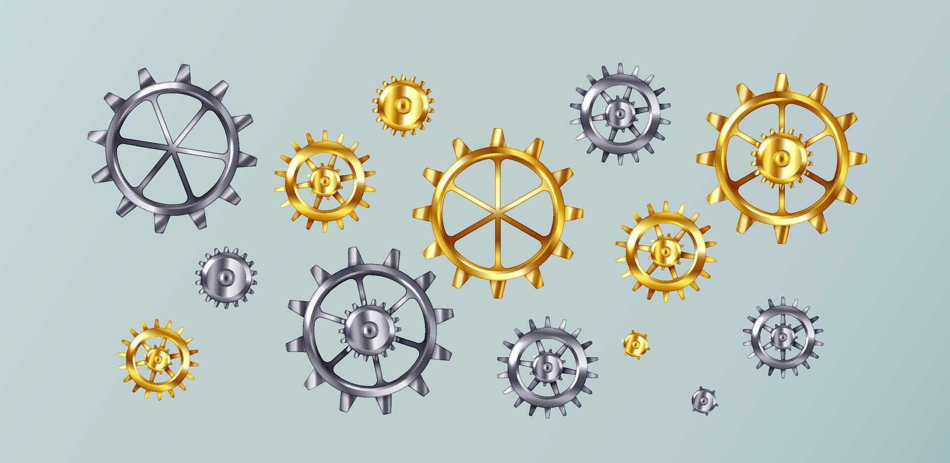 Illustration of metallic gears, interlocking in bright gold and silver tones. This image represents mechanical precision and engineering concepts, set on a light grey background. vector