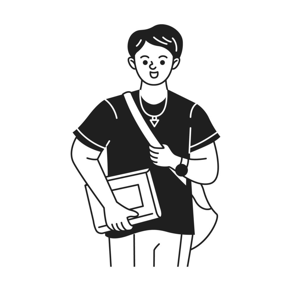 Black and white doodle illustration of a young cheerful student carrying a bag and book. Confident expression, casual attire, on plain background, symbolizes education. vector