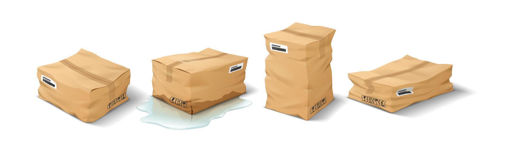 Illustration of crushed cardboard boxes on white background. Damaged packaging with visible creases and labels. Represents delivery issues or mishandling. vector
