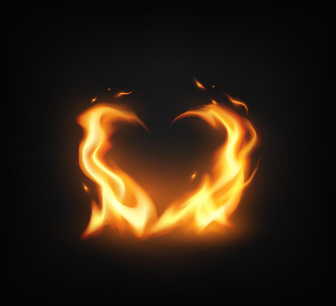 Illustration of heart shaped flames glowing vividly against a dark backdrop. The fiery heart design captures passion and intensity in warm orange tones. vector