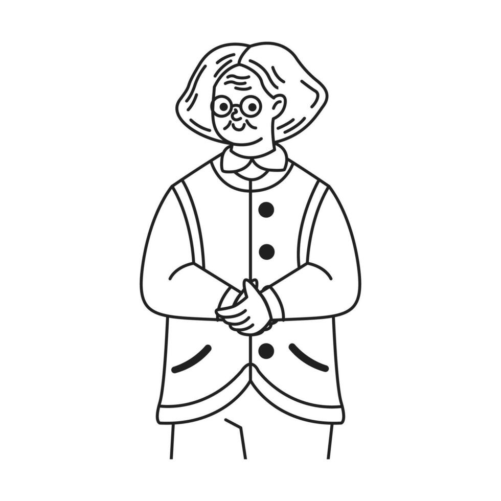 Simple black and white line art doodle illustration of a smiling elderly woman. She is wearing glasses and a cardigan. This minimalist design is ideal for educational content. vector