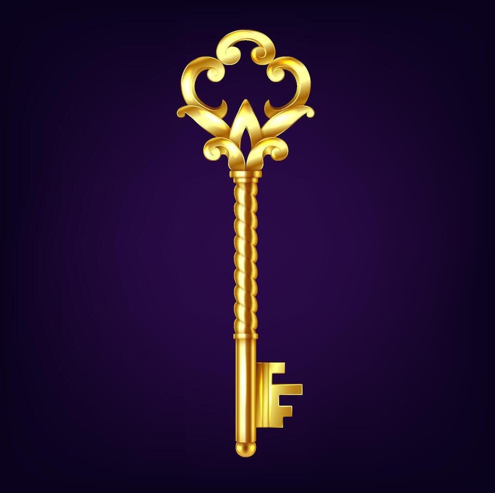 Illustration of an ornate golden key with intricate details against a dark purple background. The elegant design evokes a sense of mystery and sophistication. vector