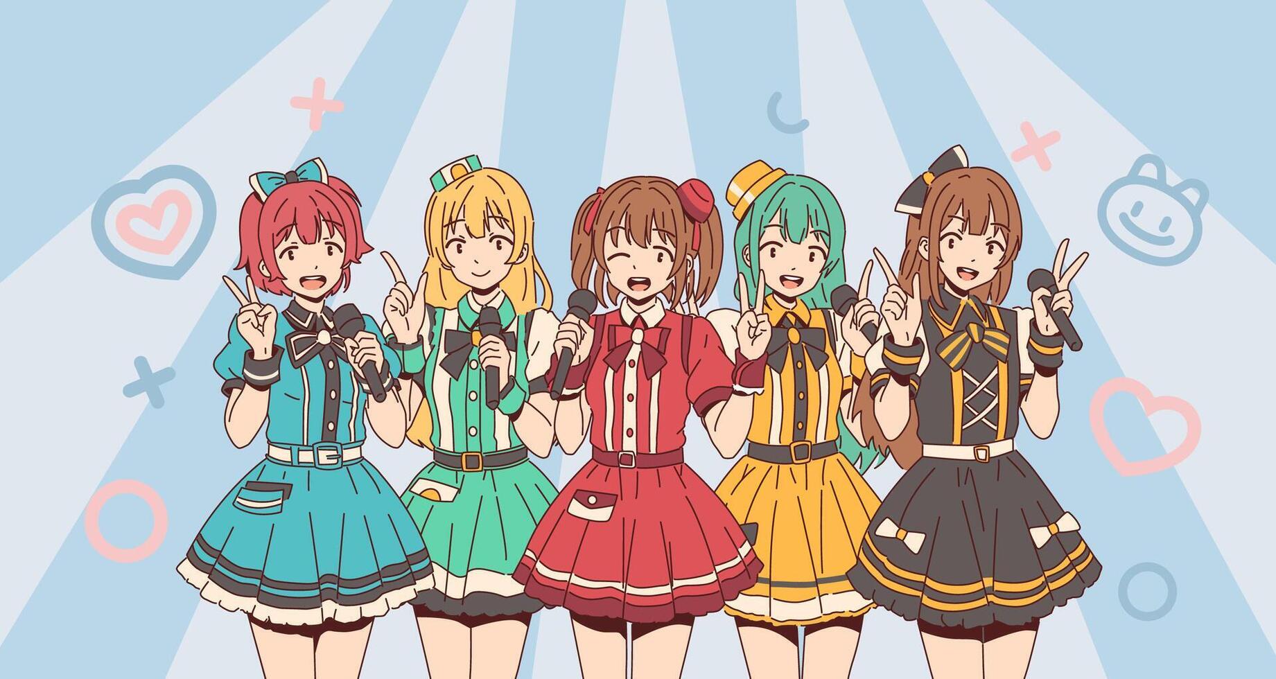 Korean or Japanese idol k-pop singing band. Five animated girls in vibrant dresses singing joyfully. Each holds a microphone and poses energetically. Soft pastel background vector