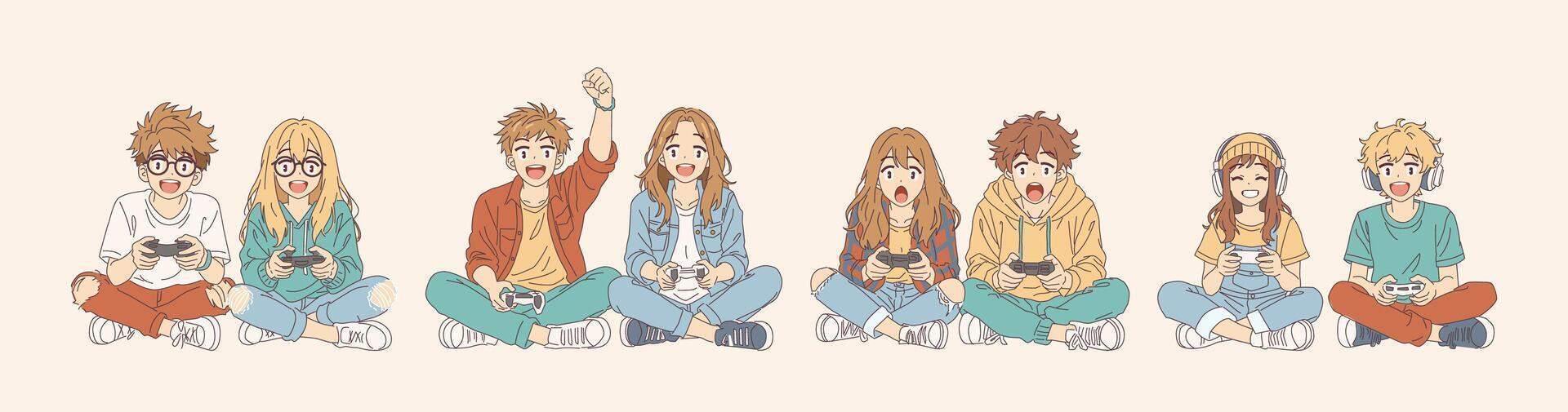 Friends playing video games together vector