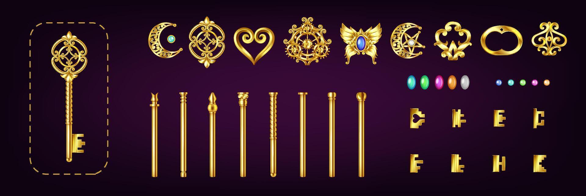 Golden decorative keys and elements collection vector