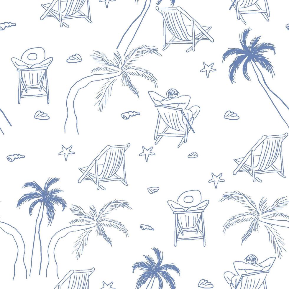 seamless pattern with palms and armchairs on the beach vector