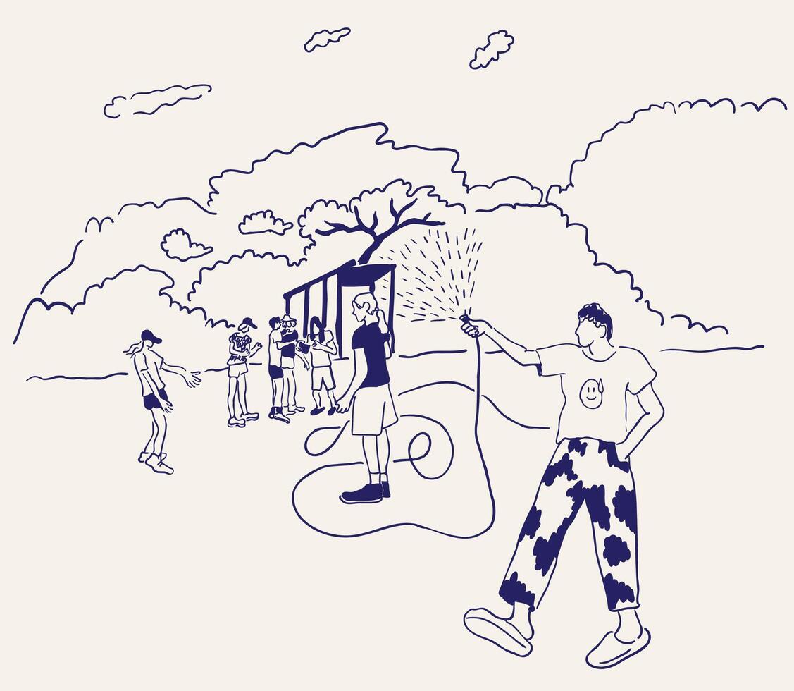 teenagers hang out outside with watering vector