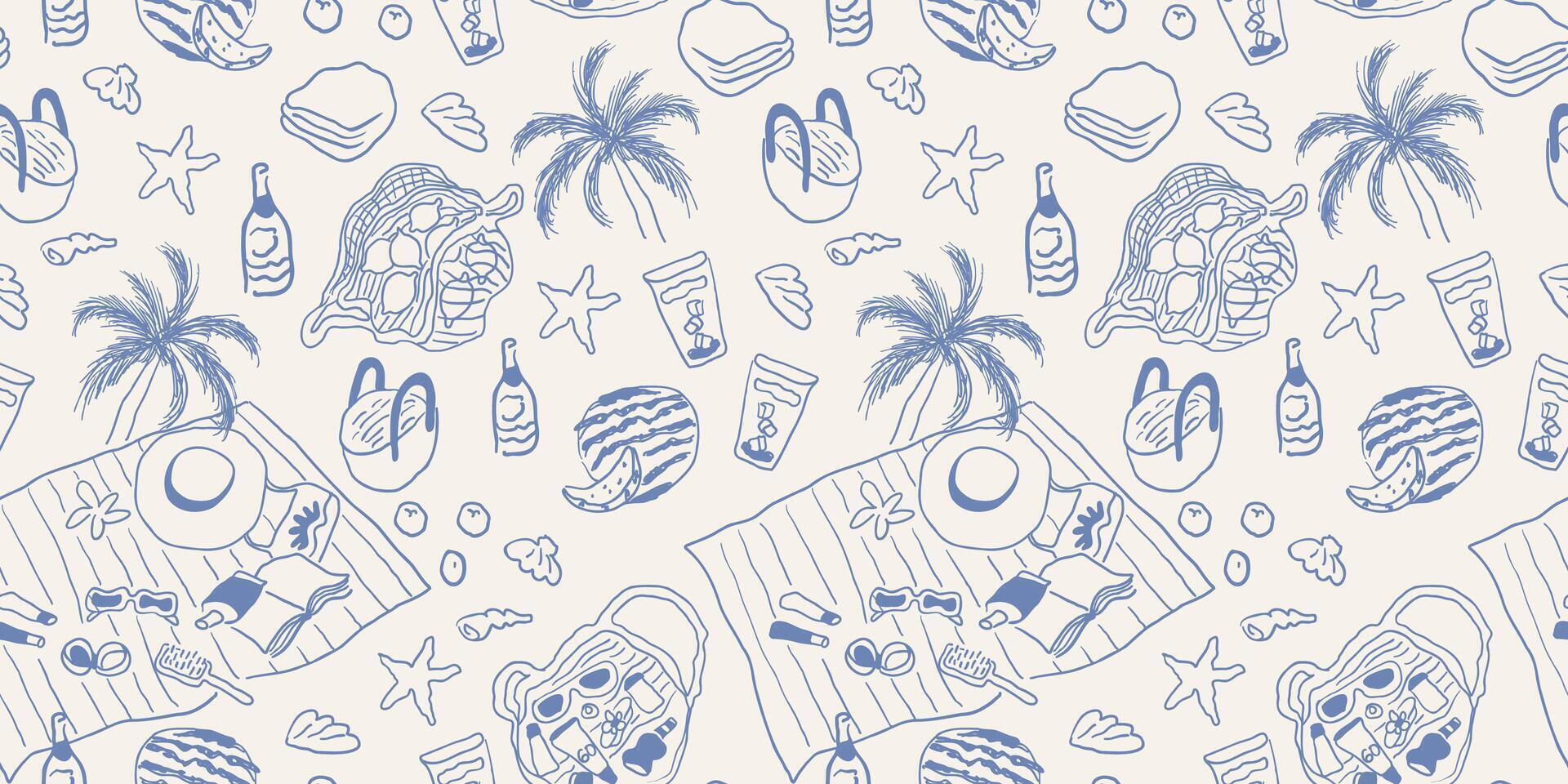 Summer pattern with palm trees and beach items vector