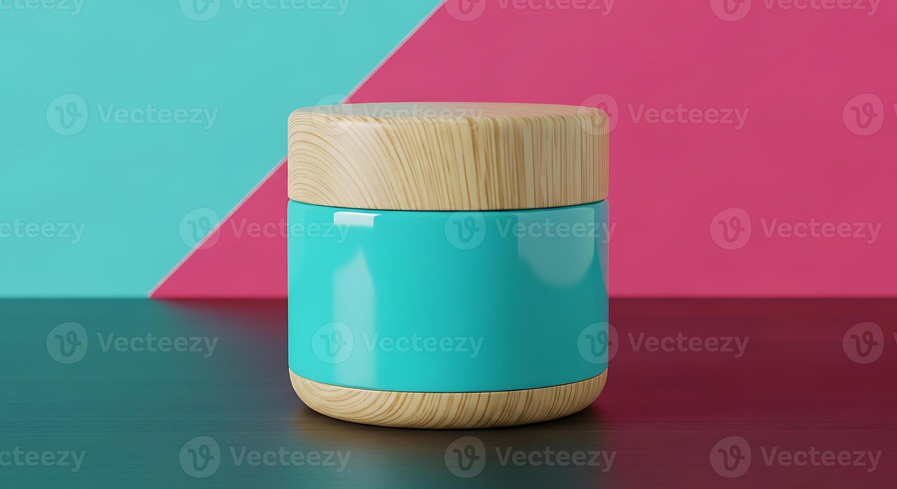 Turquoise jar with wooden lid on abstract background photo