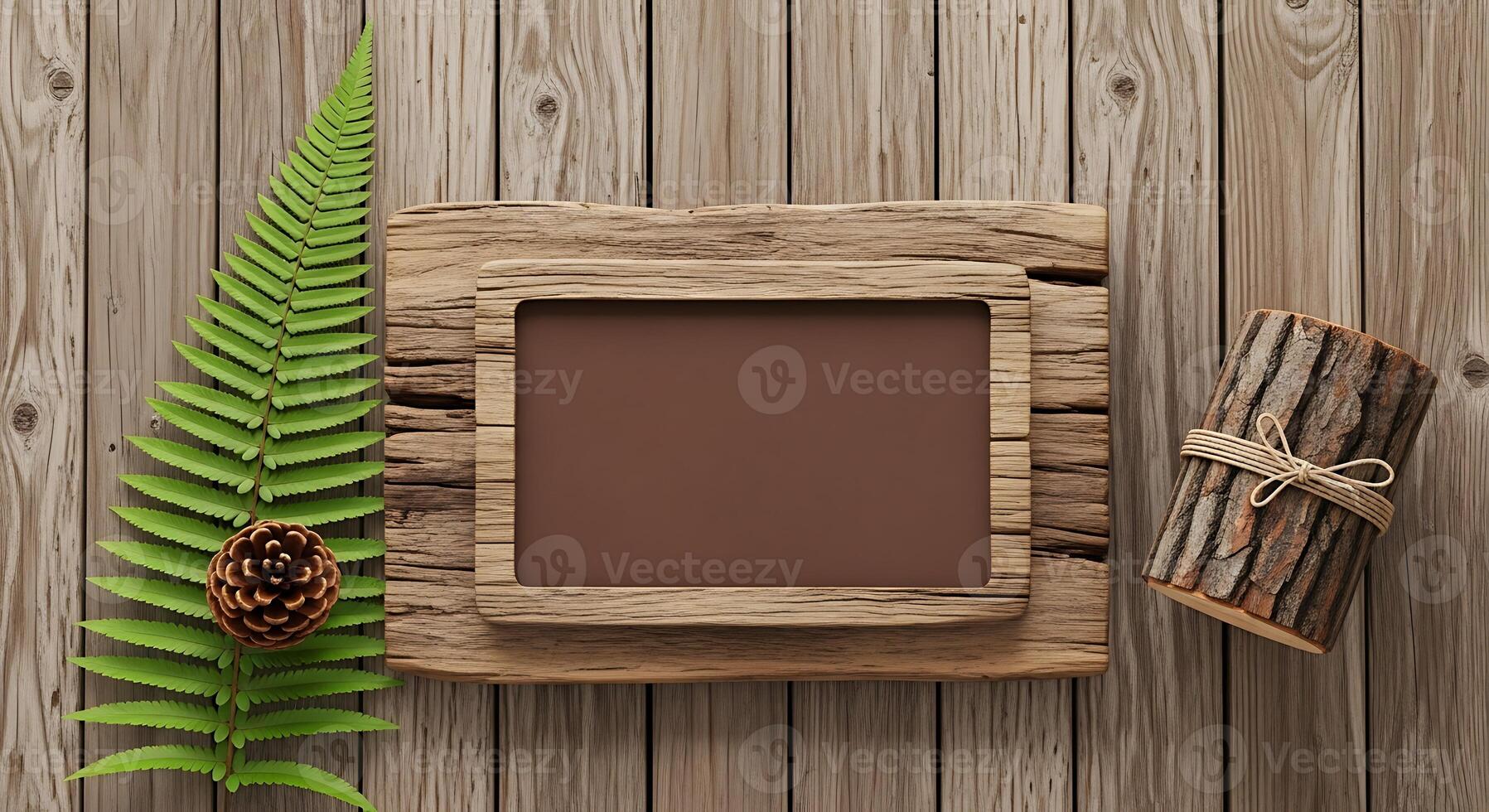 Rustic wooden background with natural elements and blank blackboard photo