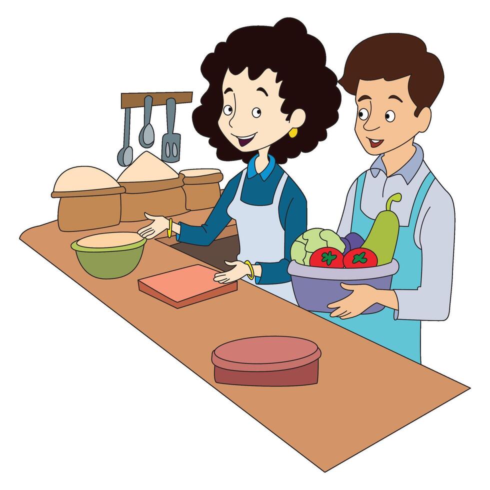 Cute a girl and boy cooking vector