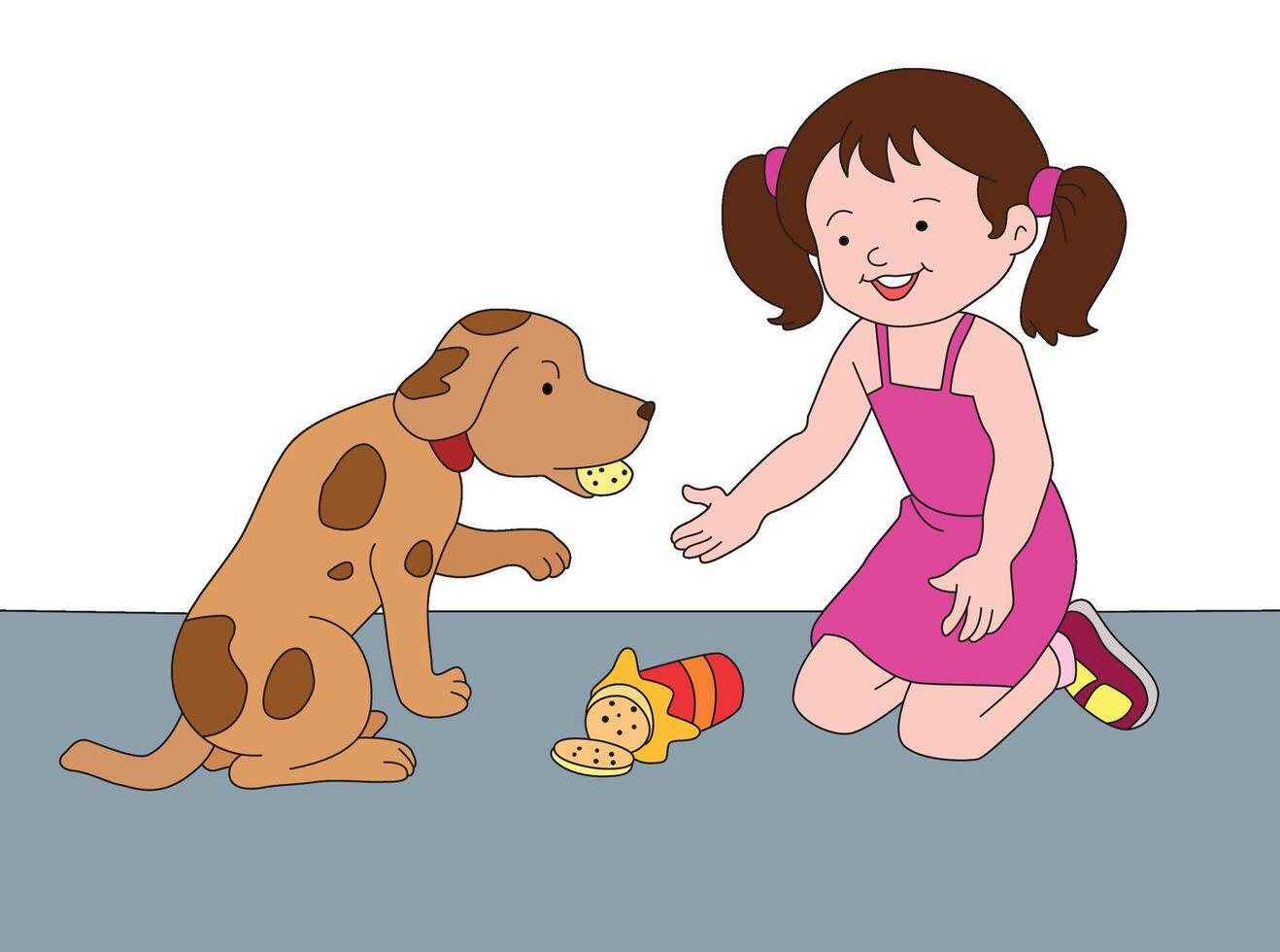 One girl feeding biscuits to the dog vector