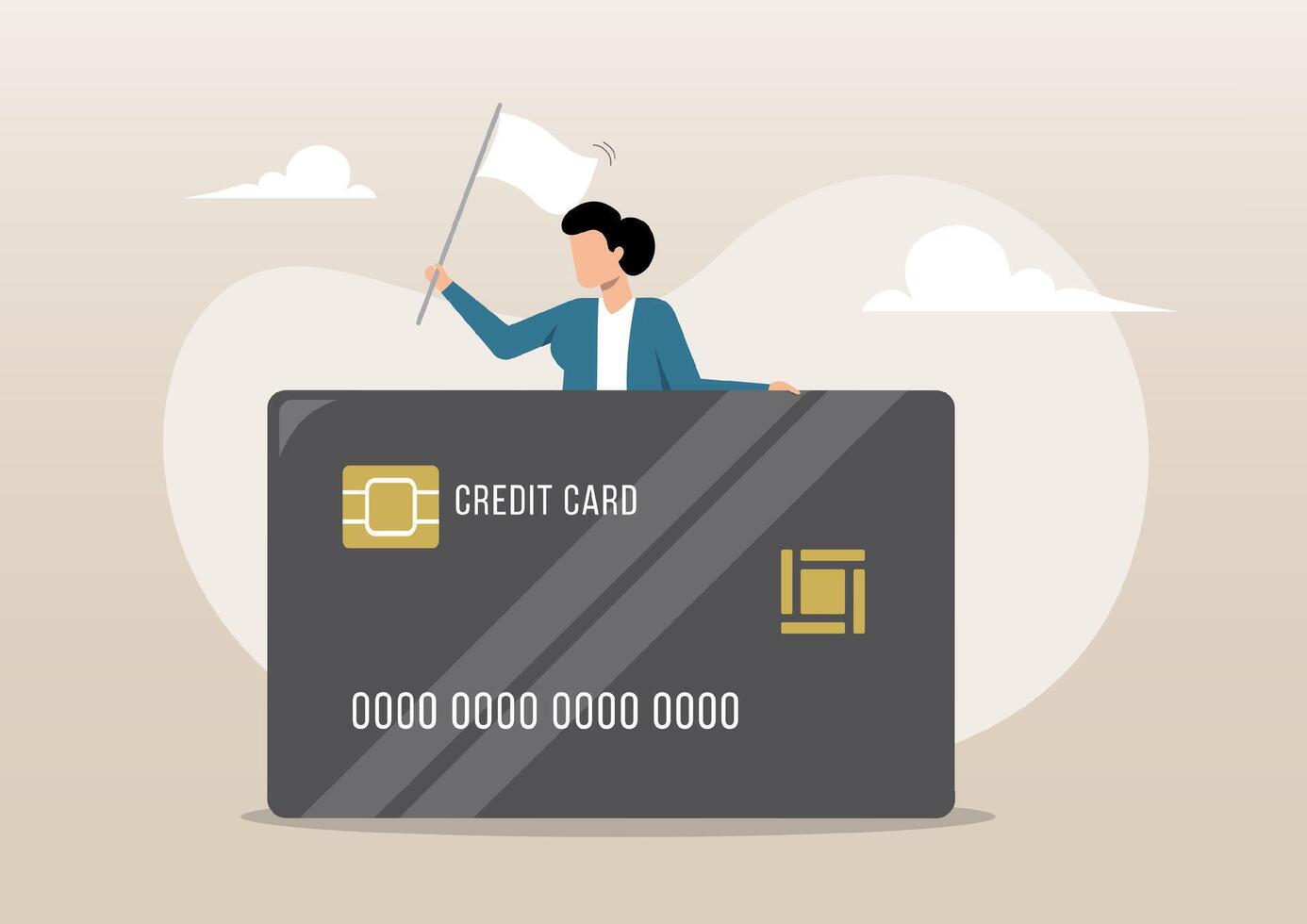 Businesswoman holding a white flag behind a large credit card, resembling a surrender vector