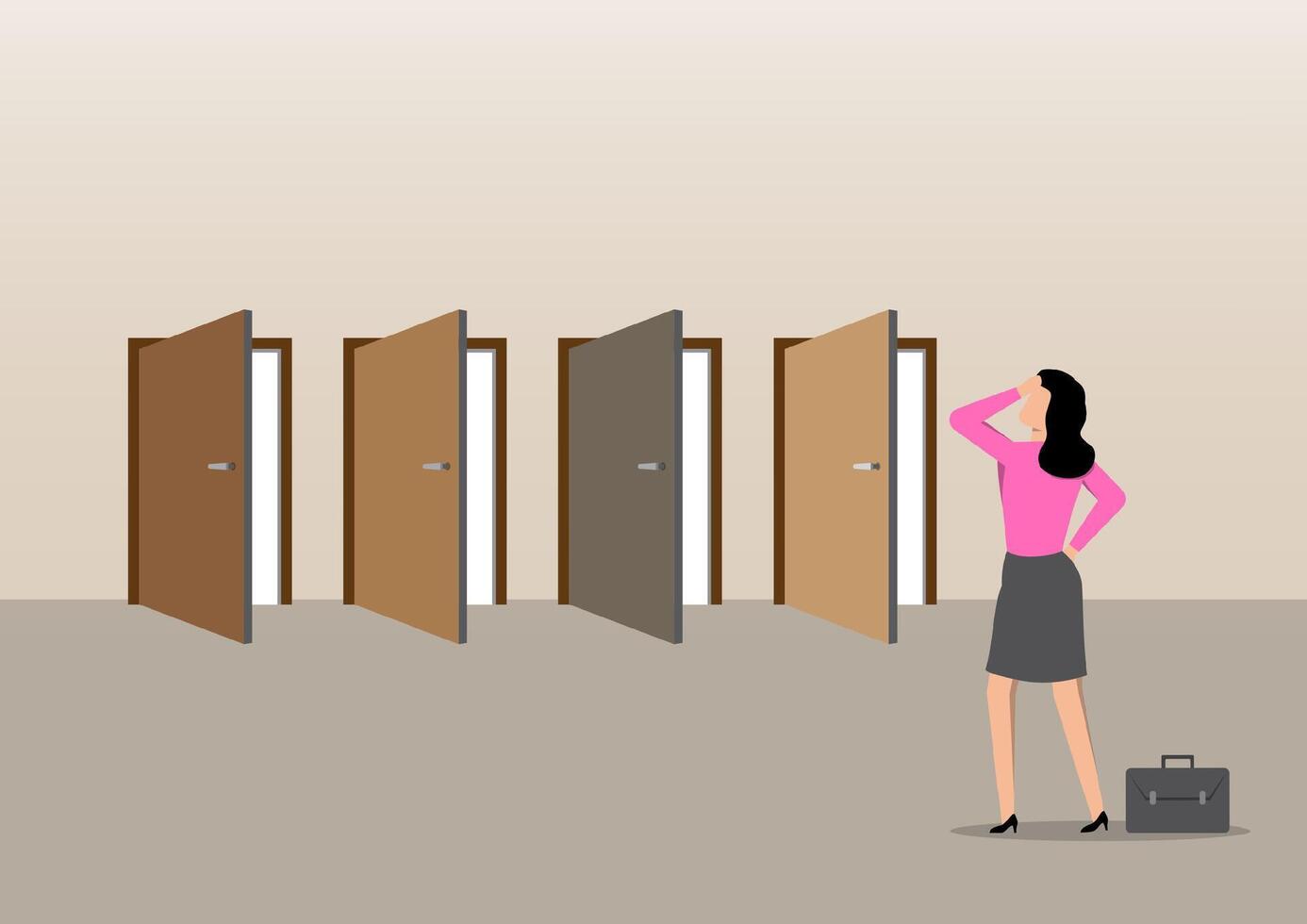a woman facing multiple open doors, symbolizing a dilemma or choice vector