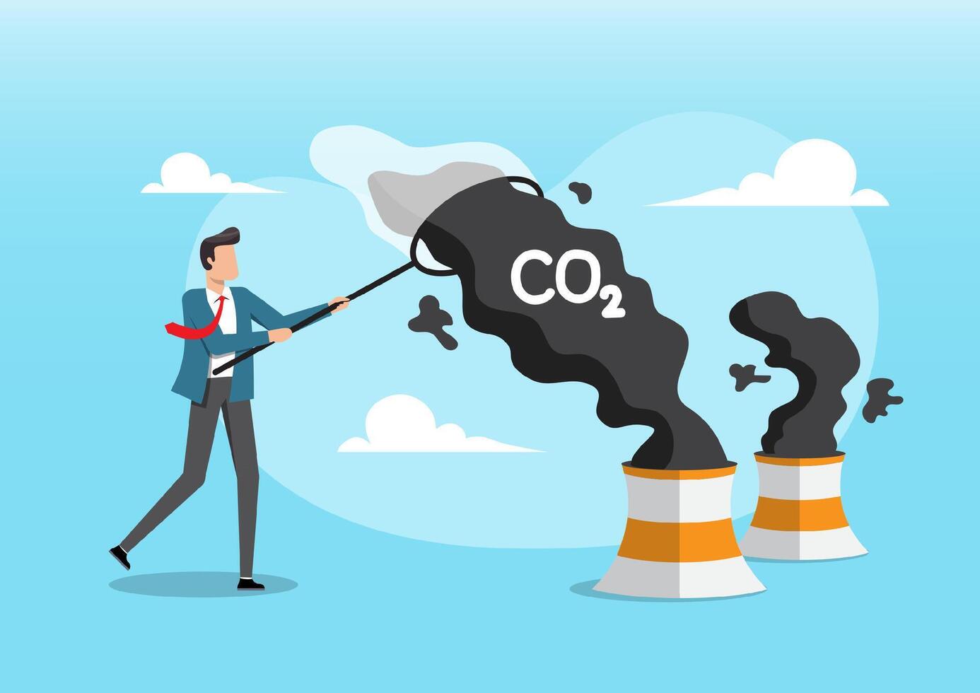 a man trying to remove carbon dioxide emissions from a factory's smokestack vector