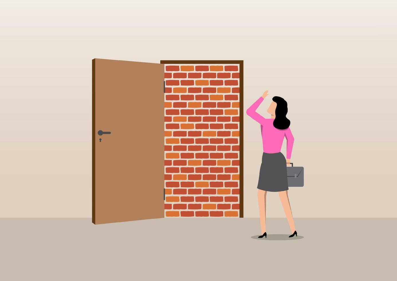 businesswoman standing in front of an open doorway that is blocked by a brick wall vector