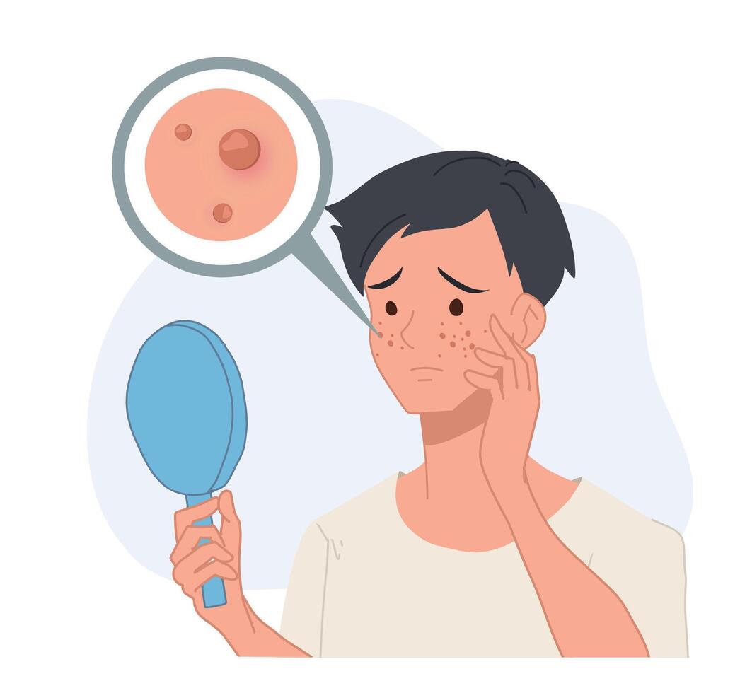 man looking into mirror,acne problem.skin problem. skin care concept. Flat cartoon character illustration. vector